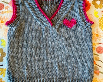 Hand Knit Baby Vest (Option 2) Size 3-6 months, Heart Motif Design