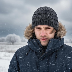 Könnte beinhalten: Eine Person trägt eine dunkelgraue Strickmütze und einen marineblauen Wintermantel mit Kapuze mit Pelzbesatz. Die Person befindet sich im Freien in einem schneebedeckten Feld mit einem bewölkten Himmel im Hintergrund. Schneeflocken fallen.