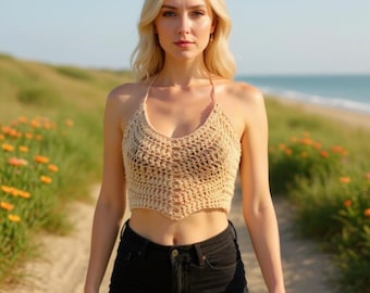V-hals gehaakt crop top patroon pdf, boho halter zomer bralette voor beginners, korset achterkant, handgemaakte festivaloutfit, digitale download