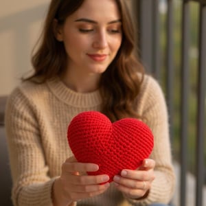 Puede incluir: Un corazón rojo tejido a mano. El corazón es de un color rojo vibrante y parece suave y afelpado. El corazón está sostenido en las manos de una persona que lleva un suéter beige.