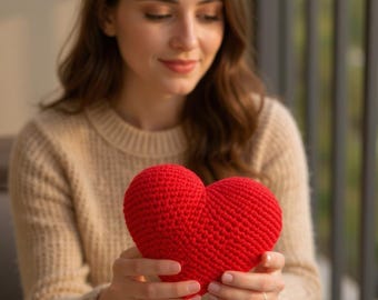 May include: A handmade, red crocheted heart. The heart is a vibrant red color and appears soft and plush. The heart is held in the hands of a person wearing a beige sweater.