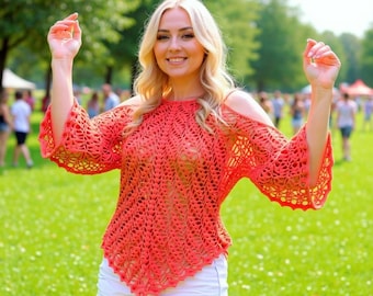 Gehaakte cold-shoulder boho-top patroon pdf, zomerstrandkleedje voor beginners, kanten festivaltuniek, vloeiende katoenen gehaakte blouse