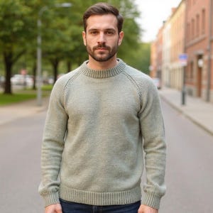 May include: A light green crew neck sweater with ribbed cuffs and hem. The sweater has raglan sleeves and a textured knit pattern. The person in the image is standing on a street with buildings in the background.