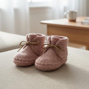 May include: A pair of handmade, light pink crochet baby booties with brown faux leather laces. The booties are sitting on a neutral-colored surface, with a blurred background of a couch, table, and window.