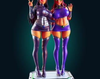 ファンタジーエイリアンプリンセスデュオフィギュア｜紫色の宇宙ヒロインコレクタブル｜手描き樹脂製スタチュー