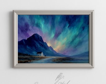 Northern Lights over Mountain Landscape - Moody Nordic Wall Art, Aurora Borealis Scene, Cottagecore Printable Painting, Digital Download 631