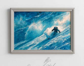 Contemporary Sporty Ski Scene Print - Dynamic Winter Watercolor Art, Cool-Toned Alpine Adventure, Moody Ski Decor, Printable Download 603