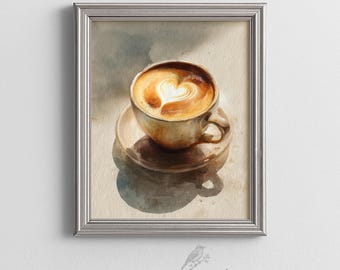 Kitchen Wall Art Coffee Latte Heart Foam Cup Watercolor Print Painting Rustic Coffee Bar Decor Poster Barista Printable Digital Download 465