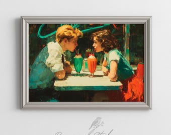 Valentines Day Print - Vintage Retro Diner Art Printable Painting of a Couple Sharing Milkshakes, Nostalgic Wall Decor, Digital Download 695