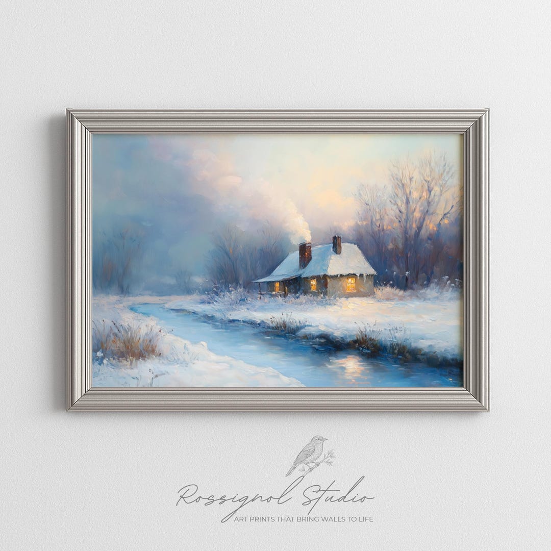 Cozy Winter Cottage With Frozen Stream - Rustic Winter Scene, Serene ...
