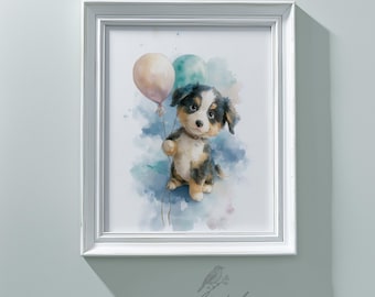 Baby Shower Gift for Dog Lover Puppy Nursery Wall Art Cute Bernese Mountain Dog Watercolor Balloons Kids Bedroom Decor Digital Download 519