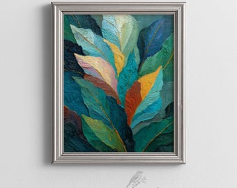 Moody Abstract Botanical Leaves - Colorful Modern Wall Art, Nature-Inspired Leaf Painting, Textured Impasto Style, Printable, Digital 355