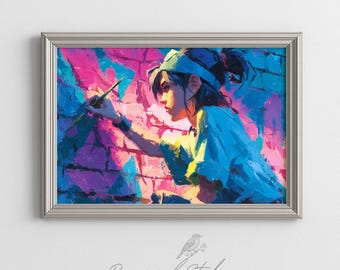 Urban Street Art Girl Painting Graffiti - Vibrant Neon Colors, Edgy Modern Printable Illustration, Expressive Wall Art Digital Download 747