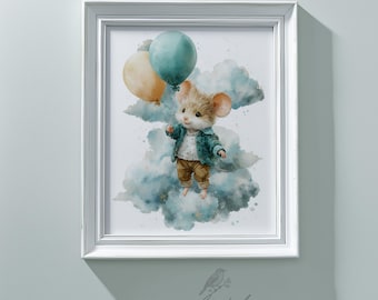 Nursery Wall Art Mouse in Soft Clouds with Balloon Print Pastel Baby Room Decor Watercolor Printable Kids Illustration Digital Download 533