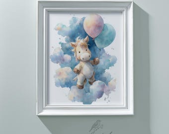 Nursery Wall Art Baby Pony with Balloons in Clouds Print Pastel Baby Room Decor Watercolor Printable Kids Illustration Digital Download 530