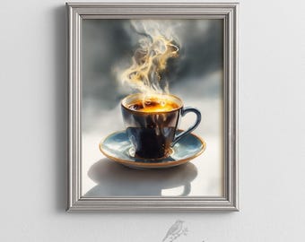 Steaming Coffee Cup Wall Art Print Watercolor Moody Kitchen Coffee Shop Decor Coffee Lover Gift for Barista Printable Digital Download 488
