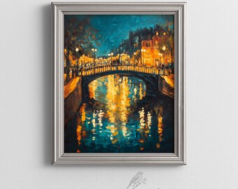 Halfpenny Bridge Dublin in de schemering afdrukbare muurkunst humeurig stadsgezicht impressionistische avond romantisch interieur cadeau digitale download 249