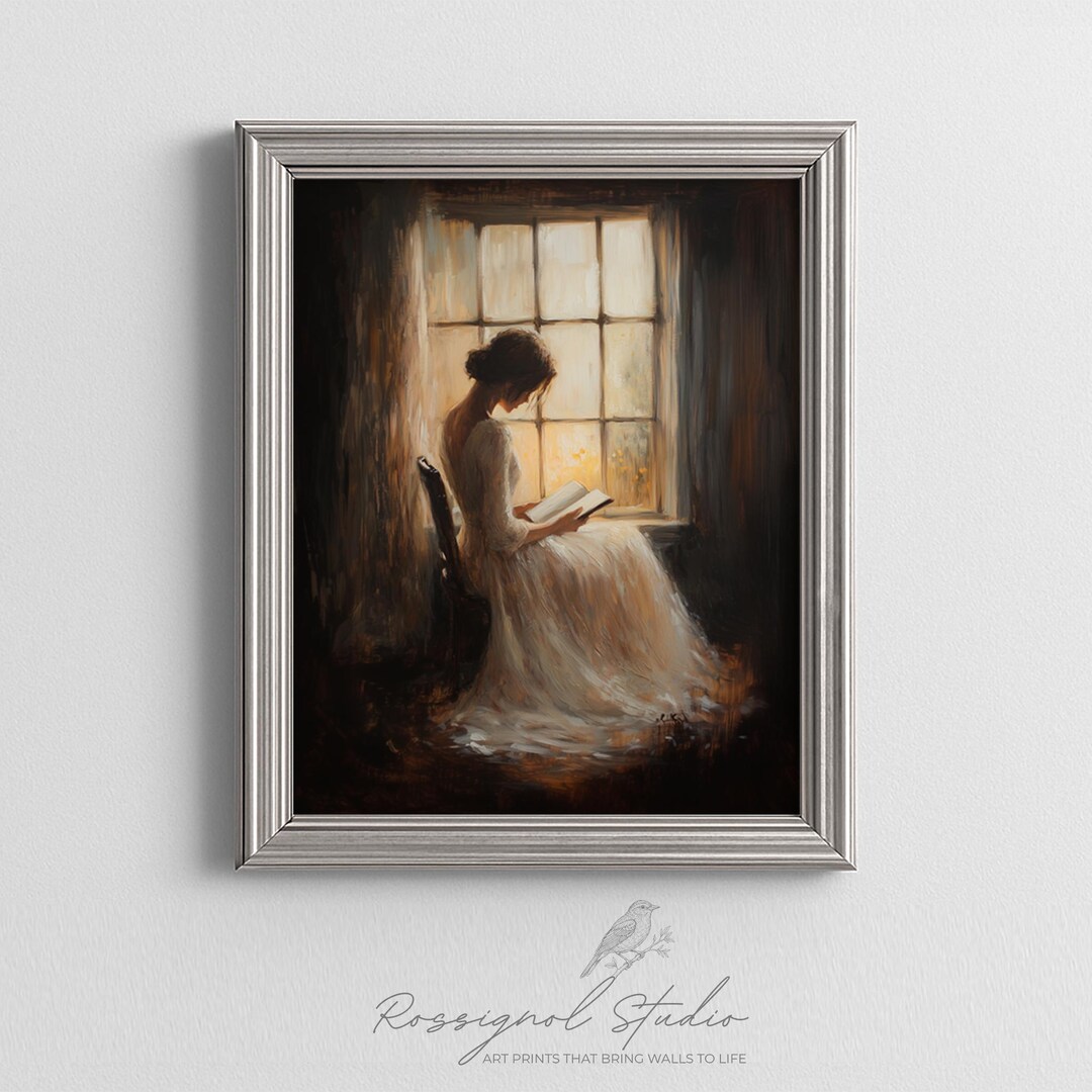 Moody Dark Academia Art - Vintage Romantic Woman Reading by Window ...