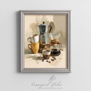 Kitchen Wall Art Coffee Still Life Watercolor Painting Moka Pot Print Coffee Bar Decor Poster Barista Gift Printable Digital Download 469