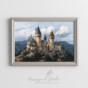 Stämningsfull Hogwarts slott utskrivbar konst, gotiskt stormigt landskap, mörk fantasi väggdekor, detaljerad målning, digital nedladdning 829