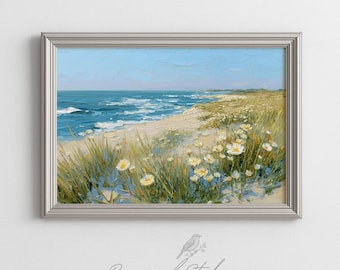 Sunlit Coastal Dune Wildflowers - Printable Summer Beach Landscape Art, Light and Airy Ocean Scene, Rustic Cottagecore Decor 416