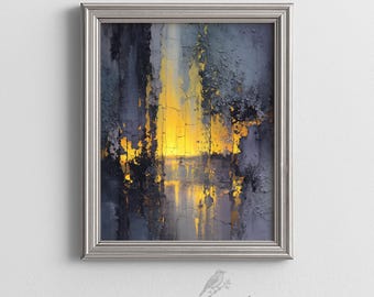 Paisaje abstracto imprimible con un toque melancólico: reflejo de luz dorada fracturada, arte industrial moderno, pintura decorativa para pared, descarga digital 343