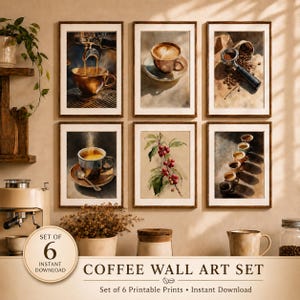 May include: A set of six framed wall art prints featuring coffee-themed illustrations, including espresso extraction, latte art, coffee beans, a cup of coffee, a coffee plant branch with red berries, and a row of small coffee cups in a line.