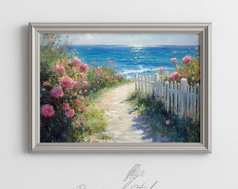 Coastal Garden Path to Ocean Painting - Serene Summer Scene, Bright Impressionist Art, Romantic Printable Wall Decor, Digital Light 394