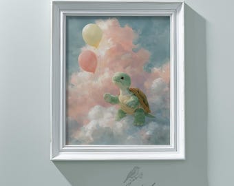 Nursery Wall Art Turtle in Soft Clouds with Balloon Print Pastel Baby Room Decor Watercolor Printable Kids Illustration Digital Download 537