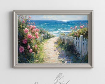 Summer Coastal Cottage Path with flowers Printable Wall Art - Romantic Beach Painting, Ocean Scene, Rustic Cottagecore, Digital Download 396