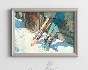 Rustic Winter Ski Lodge Wall Art - Vintage Wooden Skis, Cozy Alpine Decor, Watercolor Ski Painting, Printable Instant Digital Download 613