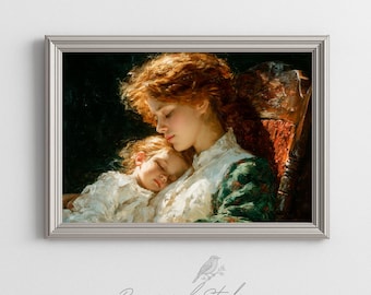 Vintage Mother Cradling Child Portrait Instant Happy Mothers Day Gift Nursery Infant Printable Wall Art, Classic Decor, Digital Download 876