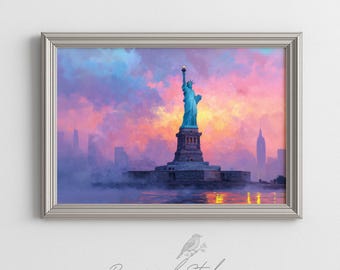 Statue of Liberty USA New York Wall Art - Printable Modern Illustration, Colorful Purple Moody Dawn Painting, Instant Digital Download 698