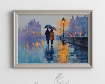 Valentines Day Print - Moody Couple Under Umbrella Painting, Romantic Rainy City Impressionist Street Scene Wall Art, Digital Download 496
