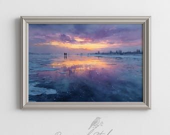 Moody Winter Sunset Over Frozen Shoreline - Minimalist Coastal Watercolor Art, Serene Reflections, Modern Wall Print, Digital Download 590