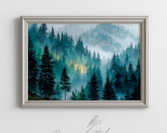 Misty Evergreen Forest Watercolor - Moody Dawn Woodland Art, Dark Pine Landscape, Modern Printable Wall Art, Rustic Nature Decor 630