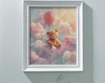 Nursery Wall Art Cozy Teddy Bear in Clouds with Balloon Print Baby Room Decor Watercolor Printable Kids Illustration Digital Download 541