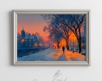 Winter Park Path Printable Wall Art - Twilight Snow, Moody Painting, Festive Street Lamps, Historic Building Decor, Digital Download 594