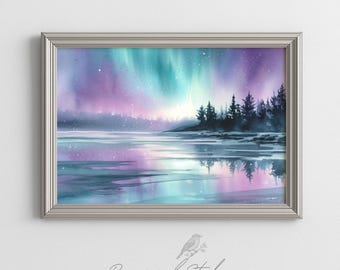 Moody Winter Northern Lights Art - Serene Pastel Aurora Landscape, Printable Watercolor Painting, Cool Teal Aqua Lilac, Digital Download 618