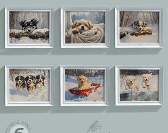 Winter Puppy Art Bundle SET of 6, Cute Dog Prints, Cozy Seasonal Decor, Rustic Wall Art, Farmhouse Style, Digital Download Bundle 27