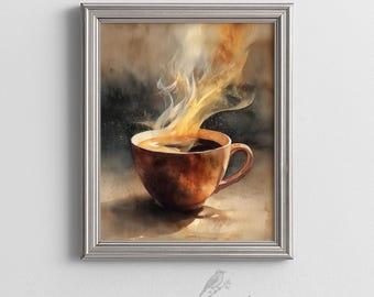 Kitchen Wall Art Rustic Moody Coffee Cup Print Watercolor Espresso Steam Painting Coffee Bar Home Decor Coffee Lover Gift Printable Art 489