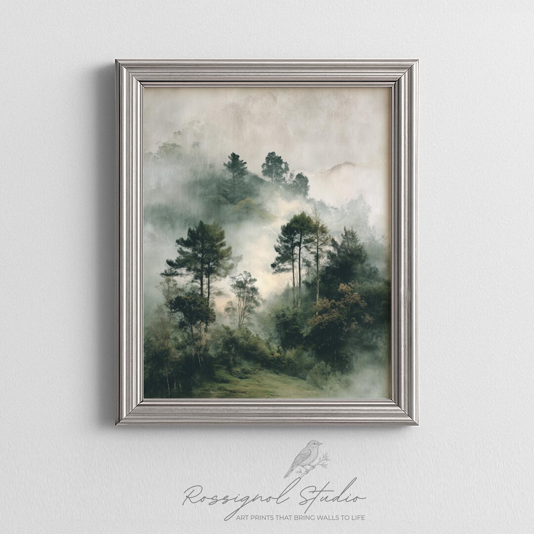 Moody Watercolor Print of Foggy Pine Forest - Semi-abstract Landscape ...