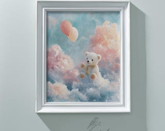 Nursery Wall Art Polar Bear in Soft Clouds Balloon Print Pastel Baby Room Decor Watercolor Printable Kids Illustration Digital Download 535