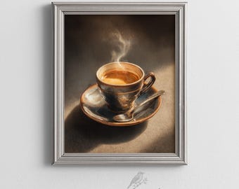 Op de afbeelding: Een ingelijste kunstdruk met een donkere keramische koffiekop gevuld met espresso, rustend op een bijpassende schotel met een klein zilveren lepeltje. Pluimen stoom stijgen op uit de kop, verlicht door een warme lichtbron tegen een donkere achtergrond.