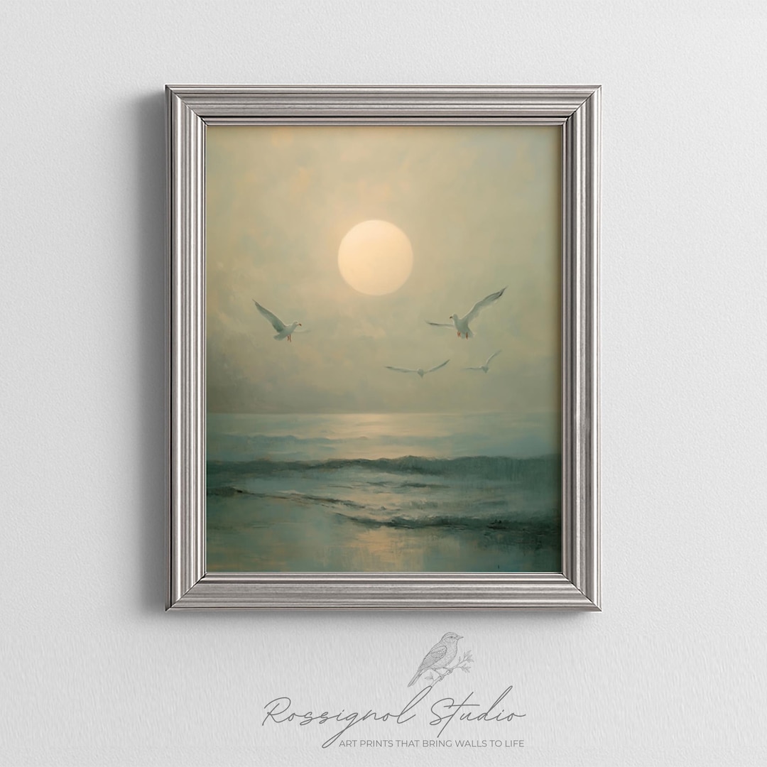 Seagulls Misty Ocean Sun Oil Painting Print Calm Coastal Neutral Wall ...