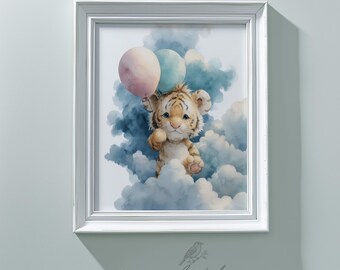 Nursery Wall Art Baby Tiger with Pastel Balloons Clouds Pastel Baby Room Decor Watercolor Printable Kids Illustration Digital Download 547