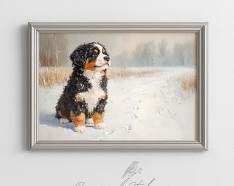 Bernese Mountain Dog Puppy in Snow - Cozy Winter Painting, Cute Puppy Wall Art, Snowy Landscape Scene, Printable Decor, Digital Download 81