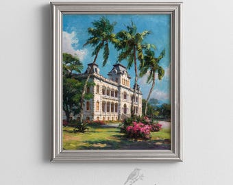 Iolani Palace Vintage Painting - Sunny Tropical Hawaii Scene, Coastal Art with Palm Trees, Printable Traditional Wall Art, Digital Decor 279