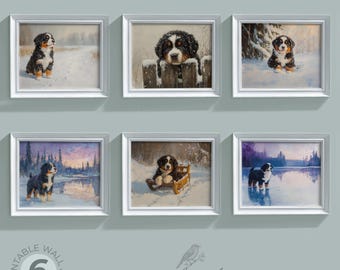 Rustic Printable Wall Art Bundle Set of 6, Vintage Berner Puppy Portraits and Lakeside Landscapes, Cozy Decor Digital Download Bundle 21