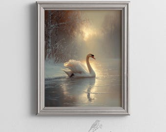 Moody Winter Swan on Frozen Lake - Serene Winter Landscape Art, Realistic Gliding Swan Painting, Printable Home Decor, Digital Download 582